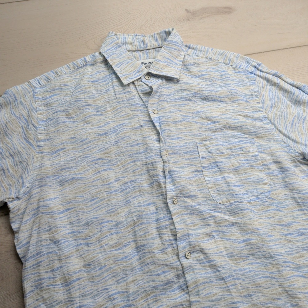 Peter Millar Crown Linen Shirt Mens M Blue Tan Wave‎ Stripe Short Sleeve Button